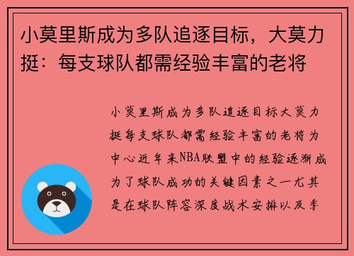 小莫里斯成为多队追逐目标，大莫力挺：每支球队都需经验丰富的老将