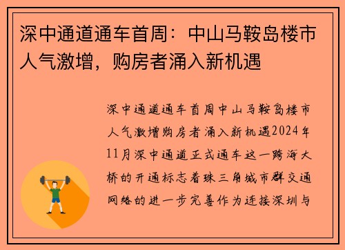 深中通道通车首周：中山马鞍岛楼市人气激增，购房者涌入新机遇