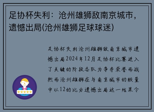 足协杯失利：沧州雄狮敌南京城市，遗憾出局(沧州雄狮足球球迷)