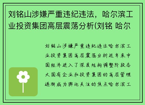 刘铭山涉嫌严重违纪违法，哈尔滨工业投资集团高层震荡分析(刘铭 哈尔滨工业大学)