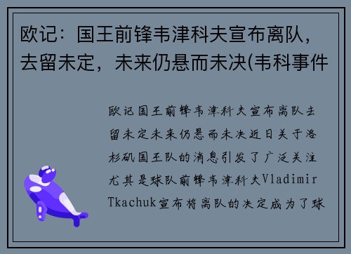 欧记：国王前锋韦津科夫宣布离队，去留未定，未来仍悬而未决(韦科事件)